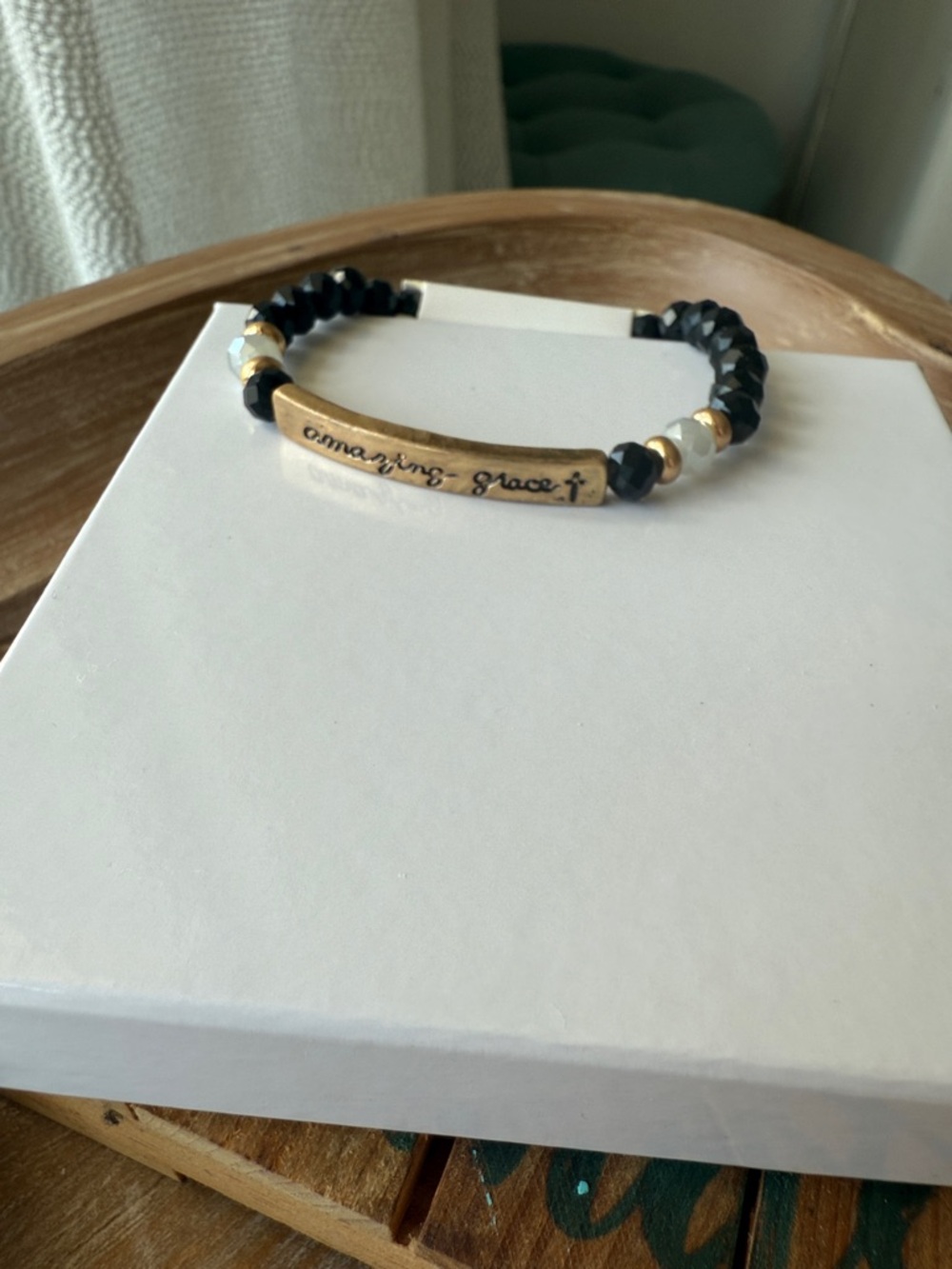 Amazing Grace Black Beaded Stretch Bracelet with Gold Accent - Picture 8 of 11